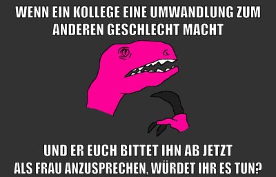 wenn ein kollege eine umwandlung zum anderen geschlecht macht und er euch bittet ihn ab jetzt als frau anzusprechen, würdet ihr es tun?