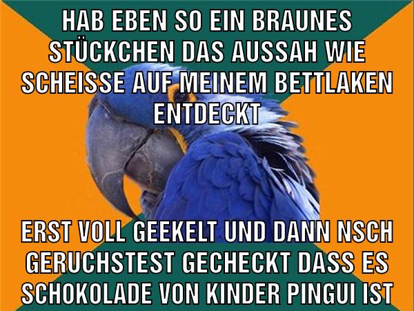 Hab eben so ein braunes stückchen das aussah wie scheisse auf meinem bettlaken entdeckt erst voll geekelt und dann nsch geruchstest gecheckt dass es schokolade von kinder pingui ist