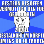 gestern besoffen vermutlich den fuß gebrochen zuvi