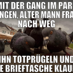 mit der gang im park hängen, alter mann fragt nach