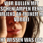 vier bullen mit taschenlampen rennen schreiend an 